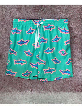 Men's Chubbies Teal Blue Shark Print Swim Trunks S